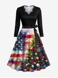 Plus Size Christmas Tree Ball Patriotic American Flag Paint Splatter Print Scalloped V Neck Dress With A Belt -  