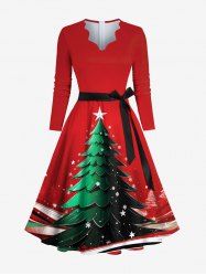 Plus Size Christmas Tree Star Snowflake Print Scalloped V Neck Dress With A Belt -  