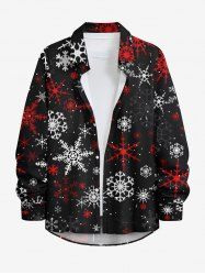 Plus Size Christmas Snowflake Print Buttons Pocket Long Sleeve Shirt For Men -  