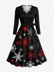 Plus Size Christmas Snowflake Print Scalloped V Neck Dress With A Belt -  