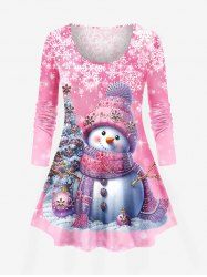 Plus Size Christmas Tree Ball Snowman Snowflake Print T-shirt -  