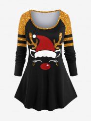 Plus Size Christmas Hat Elk Sparkling Sequin 3D Print Raglan Sleeve T-shirt -  