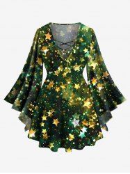 Plus Size Christmas Star Sparkling Sequin Glitter 3D Print Lattice Crisscross Flare Sleeve T-shirt -  