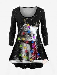 Plus Size Christmas Light Elk Cat Galaxy Print Long Sleeves T-shirt -  