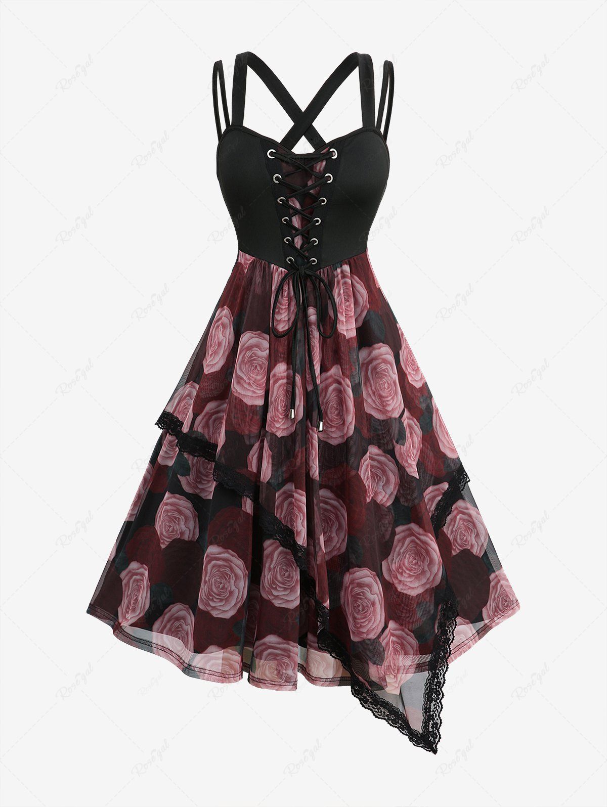 Robe Asymétrique Feuille Fleur Imprimée à Ourlet en Dentelle de Grande Taille à Lacets Noir 5x | US 30-32