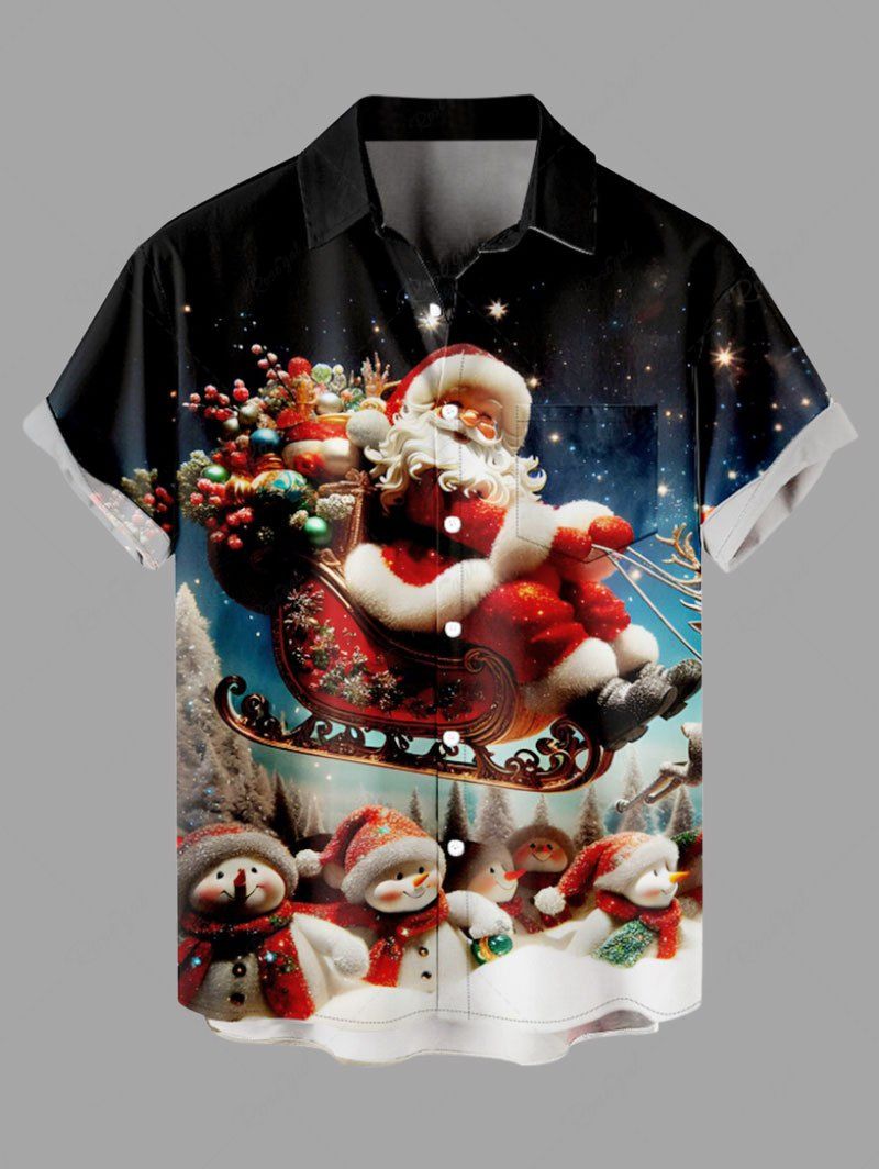 Chemise à Boutons avec Poche Imprimé Père Noël et Bonhomme de Neige Grande Taille pour Hommes Noir M