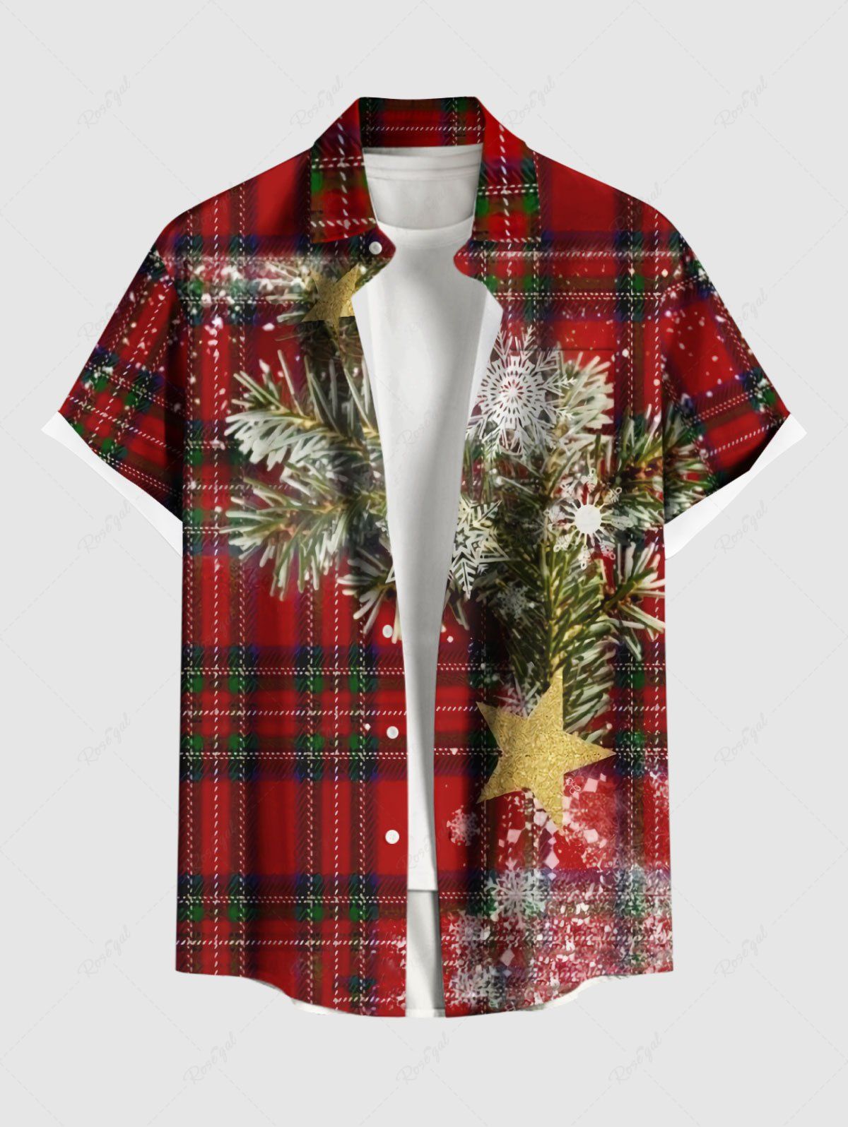 Chemise à Carreaux Etoile Flocon de Neige et Sapin de Noël Imprimés Boutonnée avec Poche de Grande Taille pour Homme Rouge XL