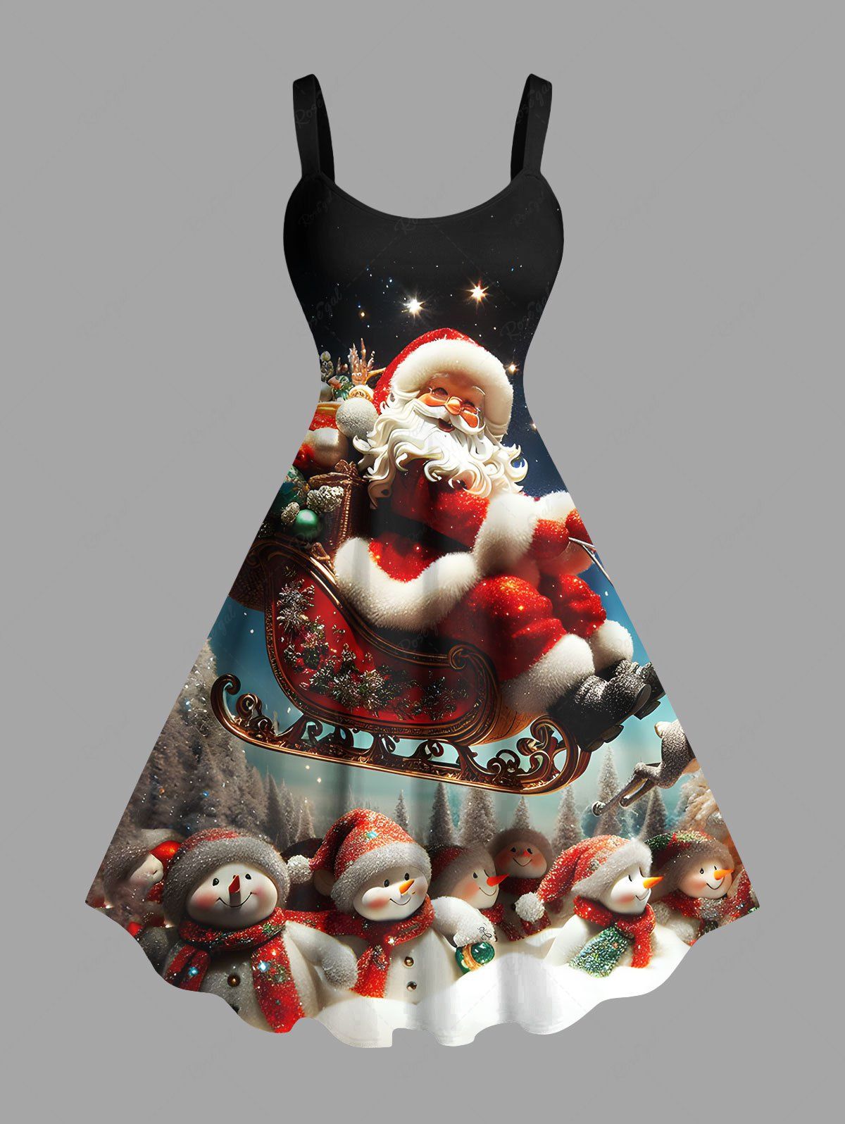Fashion Plus Size Christmas Hat Snowman Santa Claus Ombre Galaxy Print A Line Dress  