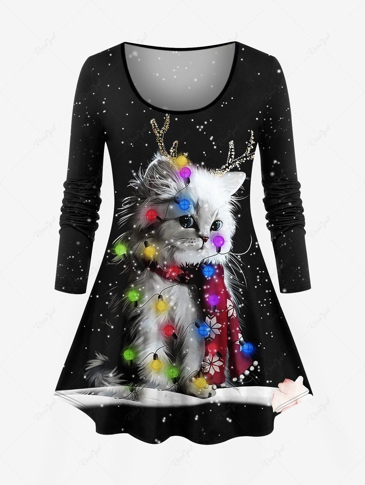 Latest Plus Size Christmas Light Elk Cat Galaxy Print Long Sleeves T-shirt  