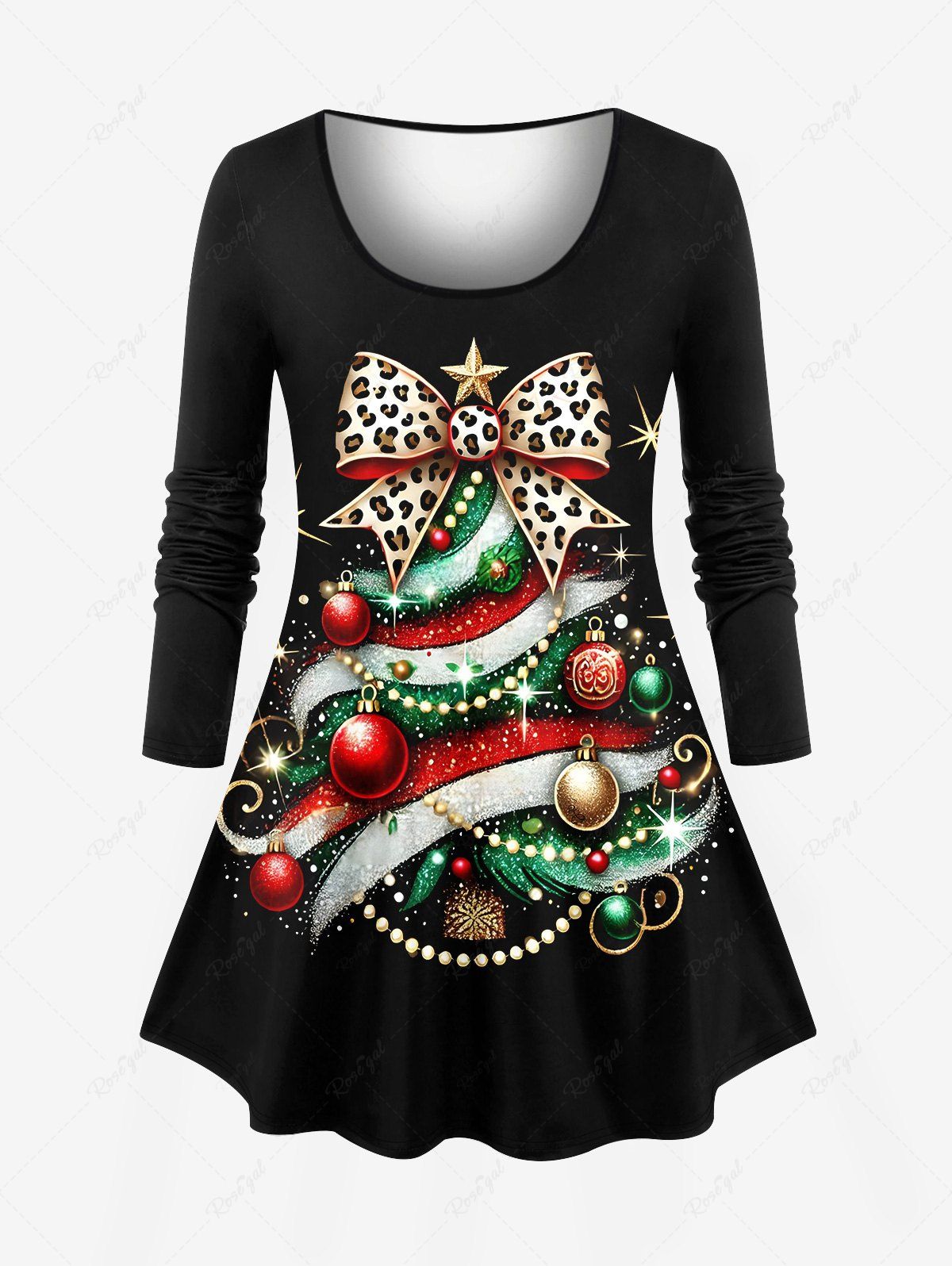 Outfit Plus Size Glitter Christmas Tree Ball Leopard Bowknot Stars Print Long Sleeves T-shirt  