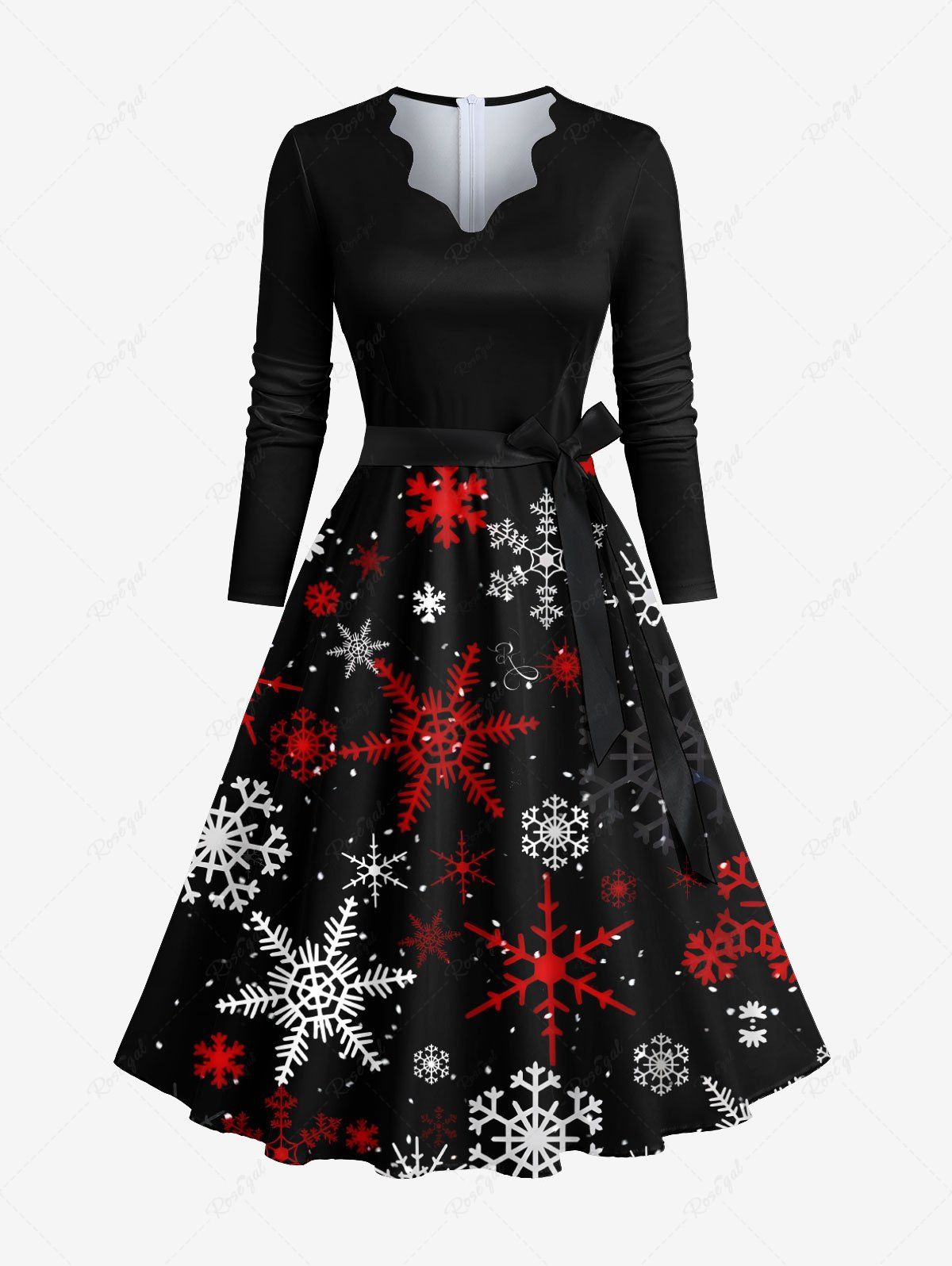 Discount Plus Size Christmas Snowflake Print Scalloped V Neck Dress With A Belt  