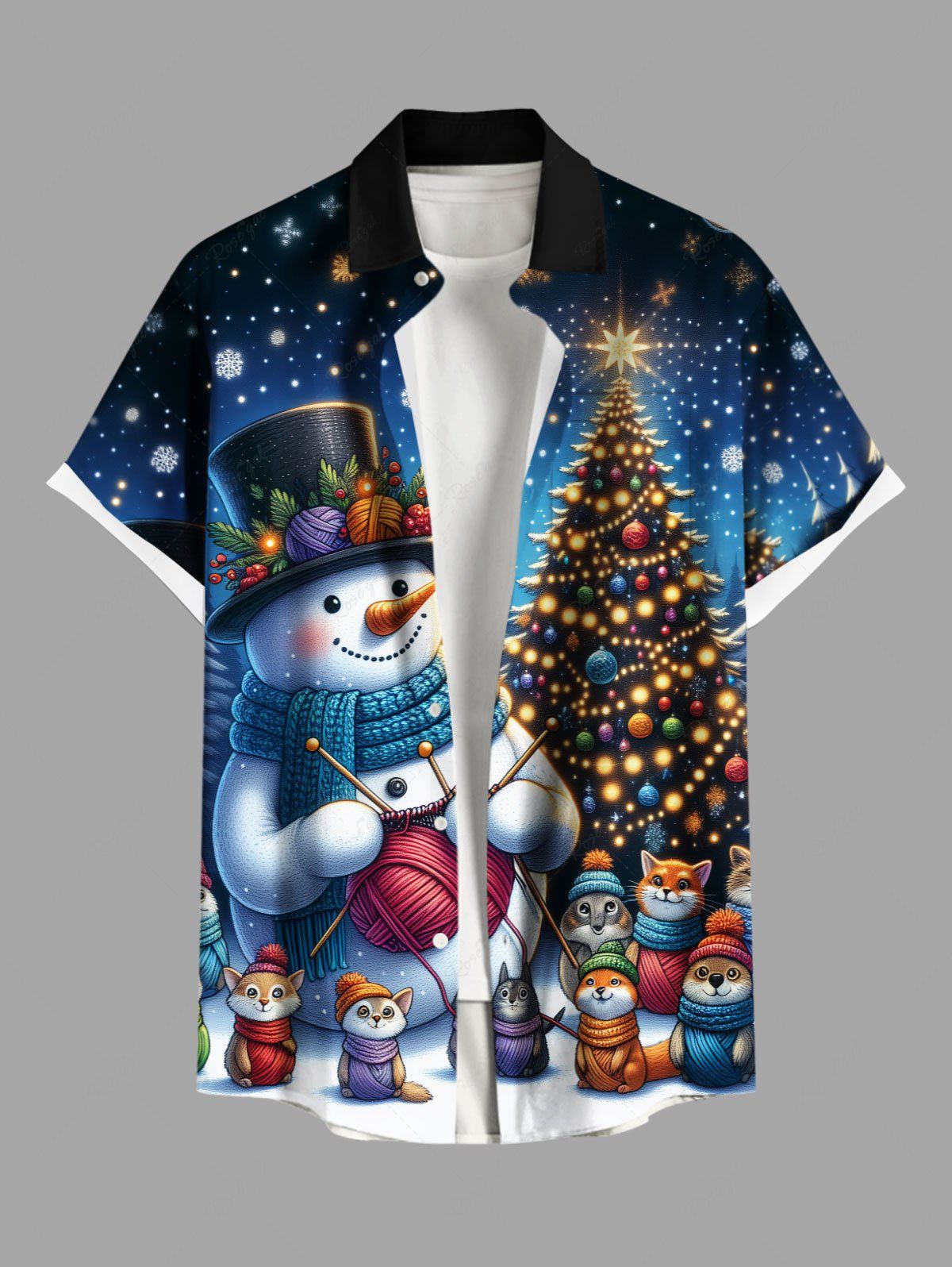 Chemise Grande Taille Imprimé Chat-Sapin de Noël Noir L