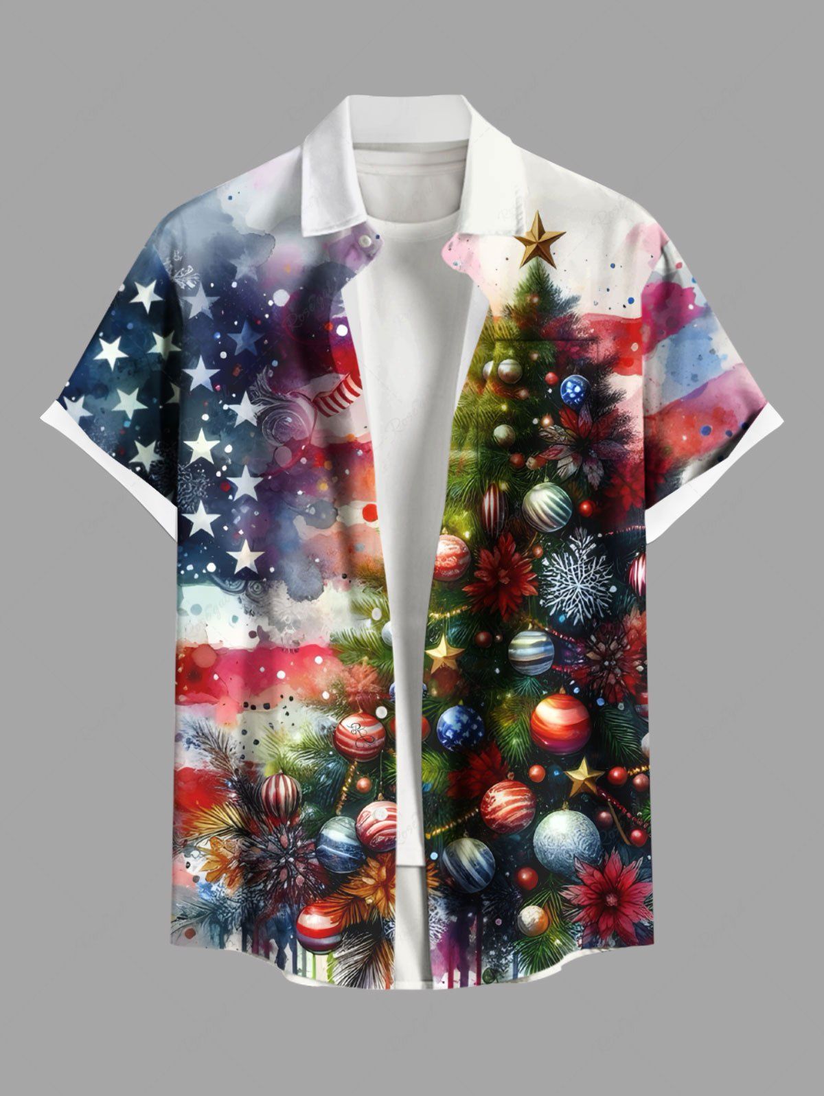 Chemise avec Boutons à Imprimé Drapeau Américain Boules et Sapin de Noël Grande-Taille pour Hommes Multi-A M