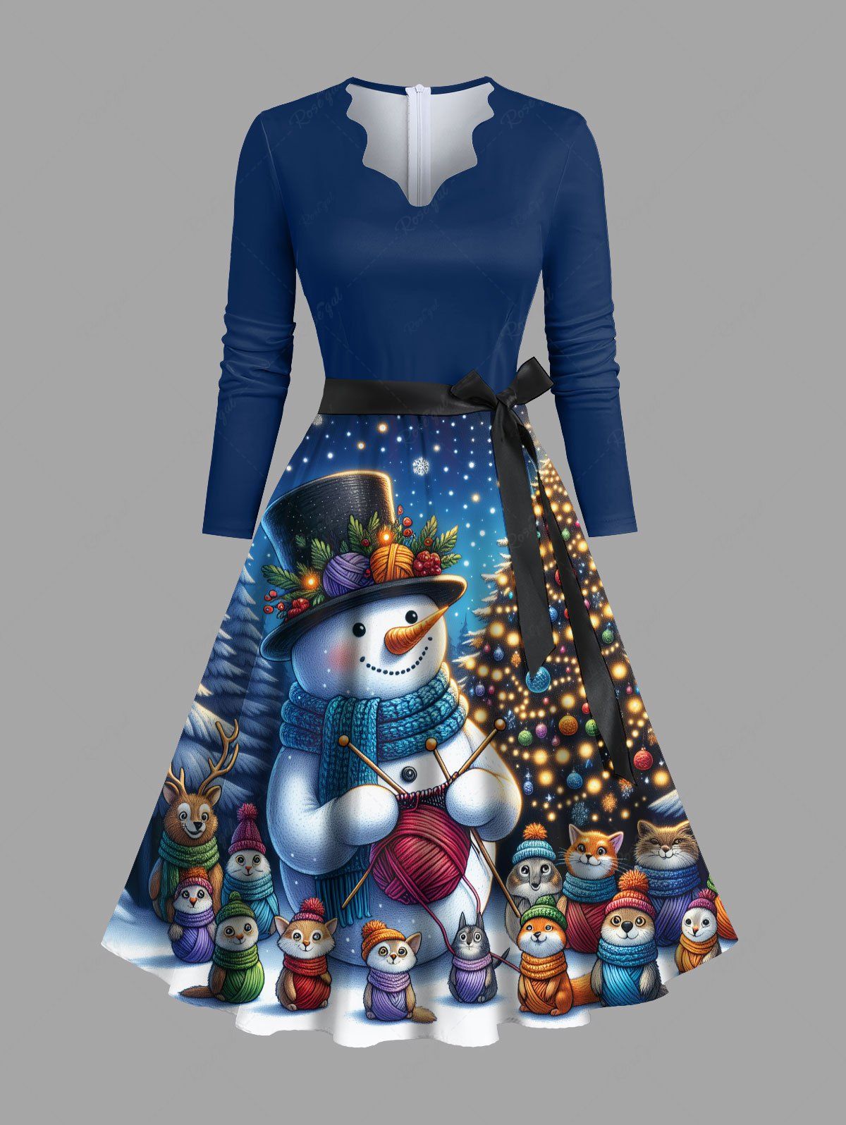Store Plus Size Christmas Tree Light Ball Snowflake Snowman Knitting Cats Print Scalloped V Neck Dress With A Belt  