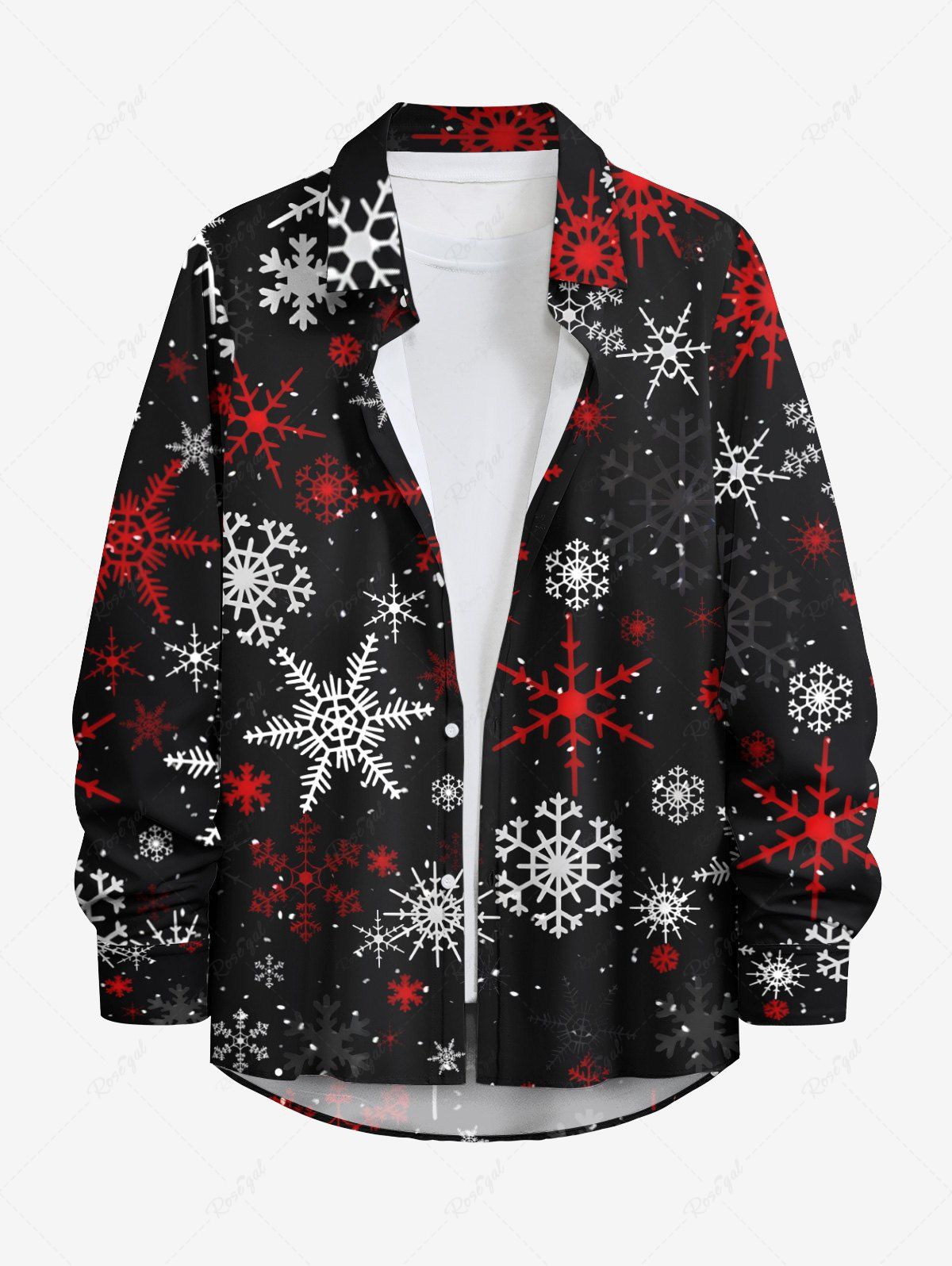 Chic Plus Size Christmas Snowflake Print Buttons Pocket Long Sleeve Shirt For Men  