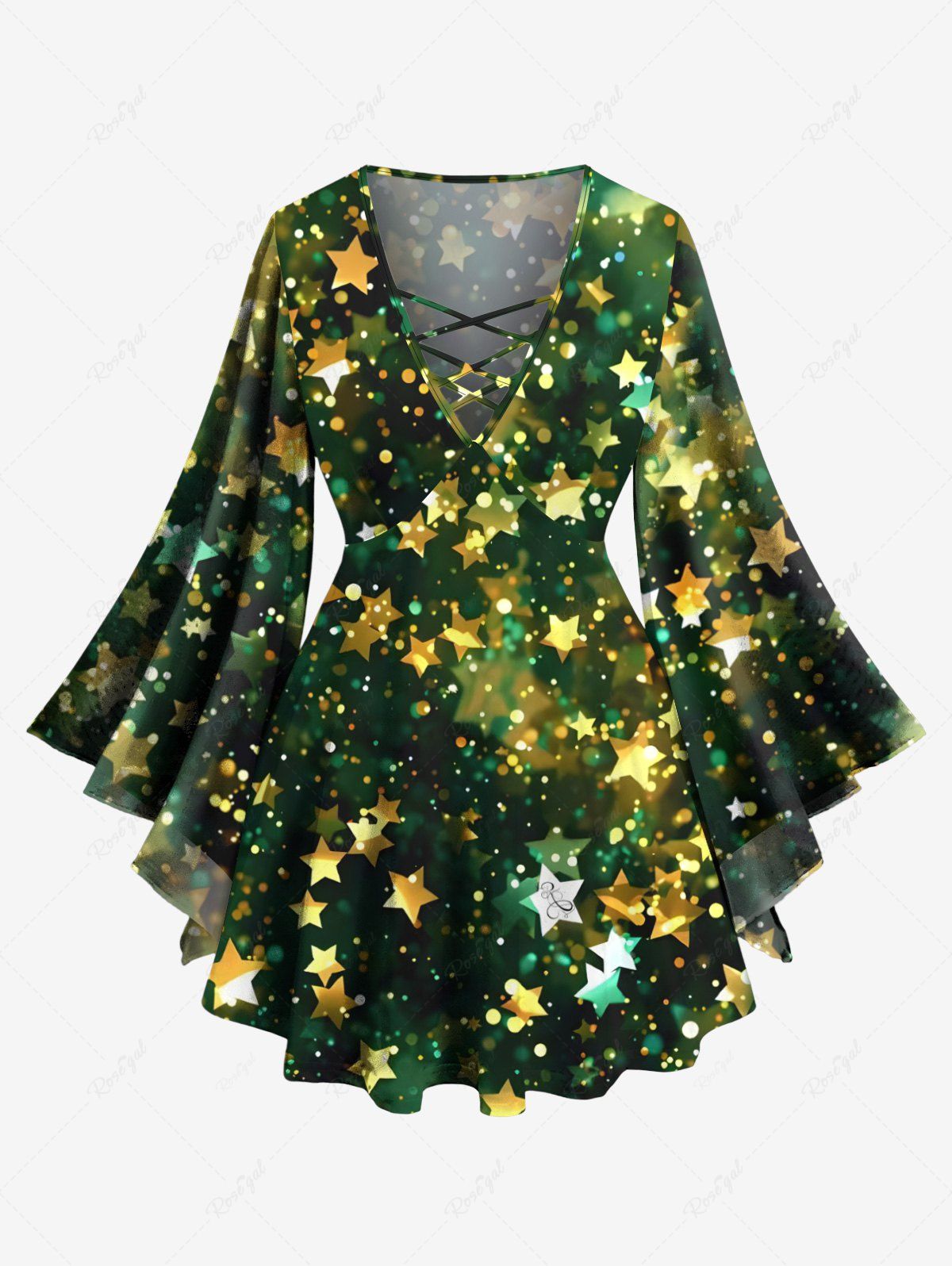 Fancy Plus Size Christmas Star Sparkling Sequin Glitter 3D Print Lattice Crisscross Flare Sleeve T-shirt  