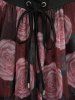 Plus Size Rose Flower Print Mesh Lace Trim Lace-up Crisscross Back Asymmetric Dress -  
