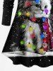 Plus Size Christmas Light Elk Cat Galaxy Print Long Sleeves T-shirt -  