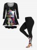 Plus Size Christmas Light Elk Cat Galaxy Print Long Sleeves T-shirt -  