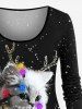 Plus Size Christmas Light Elk Cat Galaxy Print Long Sleeves T-shirt -  