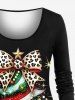 Plus Size Glitter Christmas Tree Ball Leopard Bowknot Stars Print Long Sleeves T-shirt -  
