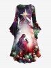 Plus Size Gemstone Christmas Tree Jesus Birth Print Ombre Ruched High Low Asymmetric Dress -  