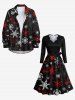 Plus Size Christmas Snowflake Print Scalloped V Neck Dress With A Belt -  