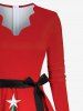 Plus Size Christmas Tree Star Snowflake Print Scalloped V Neck Dress With A Belt -  