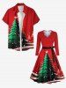 Plus Size Christmas Tree Star Snowflake Print Scalloped V Neck Dress With A Belt -  