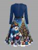 Plus Size Christmas Tree Light Ball Snowflake Snowman Knitting Cats Print Scalloped V Neck Dress With A Belt -  