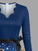 Plus Size Christmas Tree Light Ball Snowflake Snowman Knitting Cats Print Scalloped V Neck Dress With A Belt -  