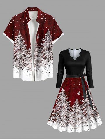 Christmas Tree Snow Print Plus Size Matching Outfit For Couples