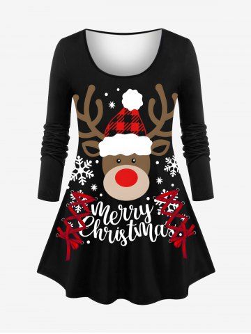 Plus Size Plaid Christmas Hat Elk Snowflake Letters Lace Up Print Long Sleeves T-shirt - BLACK - L