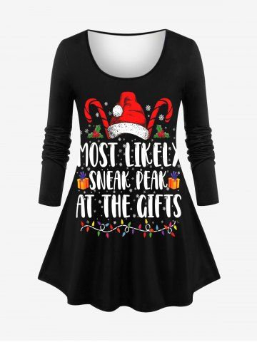 Plus Size Christmas Hat Snowflake Light Candy Letters Print Long Sleeves T-shirt - BLACK - L