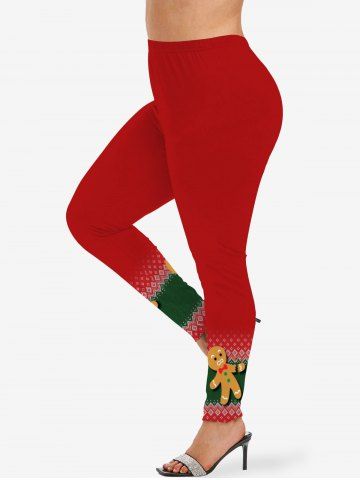 Plus Size Christmas 3D Textured Knit Gingerbread Print Leggings - RED - XS