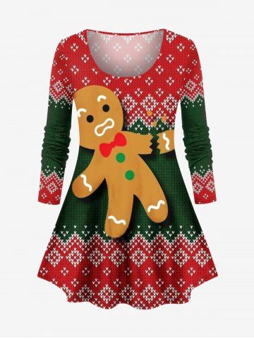 Plus Size Christmas 3D Textured Knit Gingerbread Print Long Sleeves T-shirt - RED - M