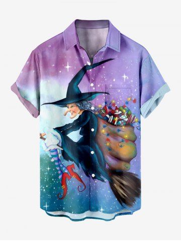 Plus Size Christmas Stocking Wizard Light Galaxy Print Button Pocket Shirt For Men - MULTI-A - L