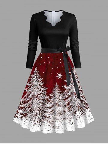 Plus Size Christmas Tree Snow Print Scalloped Neck A Line Dress with Tied Belt - BLACK - 3XL