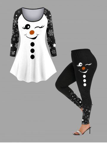 Christmas Snowflake Snowman Print Plus Size Matching Set - WHITE