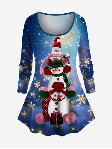 T-shirt Noël Bonhomme de Neige et Galaxie Imprimés de Grande Taille à Paillettes - BLUE - XS