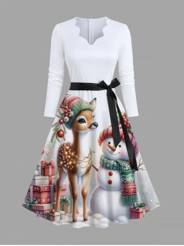 Plus Size Christmas Hat Elk Snowman Gift Box Print Scalloped V Neck Dress With A Belt - WHITE - L