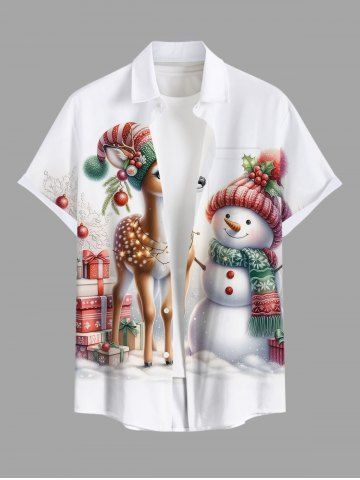 Plus Size Christmas Hat Elk Snowman Gift Box Print Buttons Pocket Shirt For Men - WHITE - XL