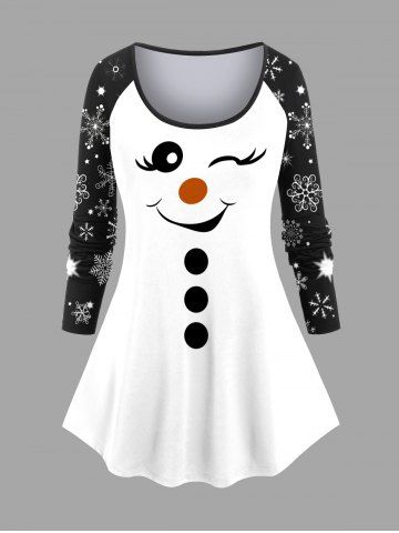 T-shirt de Noël Bonhomme de Neige et Flocon de Neige Imprimés de Grande Taille à Manches Raglan - WHITE - XS