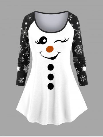 Plus Size Christmas Snowflake Snowman Print Raglan Sleeve T-shirt - WHITE - 2X