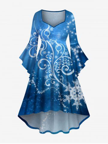 Plus Size Christmas Snowflake Floral Galaxy Glitter 3D Print Ruched Flare Sleeve High Low Dress - BLUE - 5X