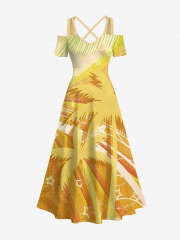 Plus Size Coconut Tree Stars Highway Print Hawaii Crisscross A Line Maxi Dress - YELLOW - XS