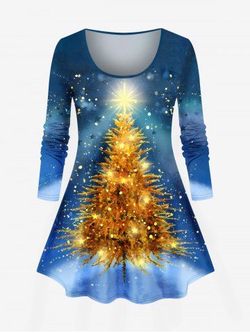 Plus Size Glitter Sparkling Christmas Tree Tie Dye Ombre Galaxy Print Long Sleeves T-shirt - BLUE - L
