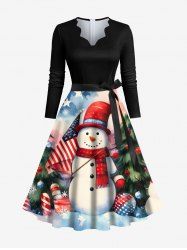 Plus Size Christmas Tree Snowflake Snowman Tie Dye Patriotic American Flag Print Scalloped Neck Dress with Tied Belt -  