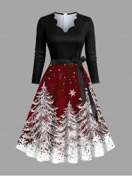 Plus Size Christmas Tree Snow Print Scalloped Neck A Line Dress with Tied Belt -  