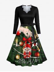 Plus Size Christmas Ball Candle Dolls Print Scalloped Neck A Line Dress with Tied Belt -  